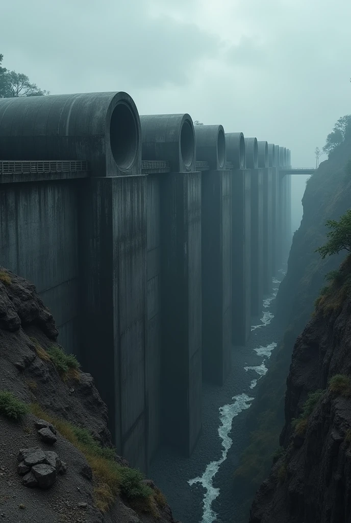 make a giant dark concrete wall 30 meters high with ten round pipes coming out of it, the wall is over a canyon, the pipes are huge dark and abandoned, alien structure with cloudy and stormy sky, dark rocky soil