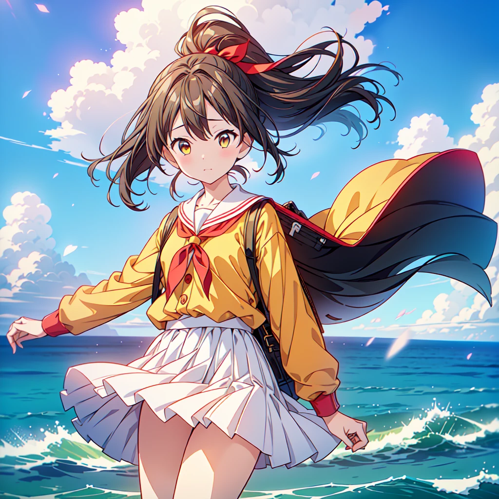 1girl,(((Perfect Anatomy、Highest quality、Masterpiece、Official Art、Super detailed、Dynamic structure、Anime Style)))、Elementary school students、Red dress with large yellow buttons around the waist、White Y-shirt、Red on the neck🎀、White knee-high socks、Brown Loafers、Carrying a red backpack、A soprano recorder is visible from the school bag.、Being buffeted by strong winds、Image from above、Strong wind blowing from the viewer's side、Strong wind blowing from the direction of travel, hair blowing back、Yellow simple background、Black Hair、storm、