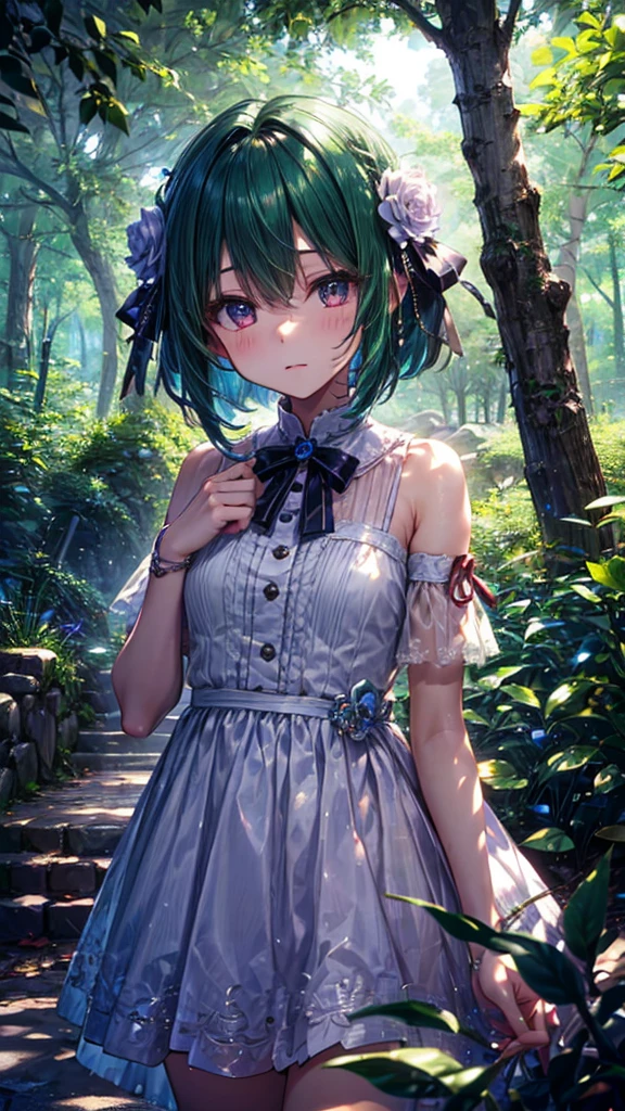 Deep woods、temple、Emerald Hair、My bangs get in my eyes、Shortcuts、White dress、14age、Girl
