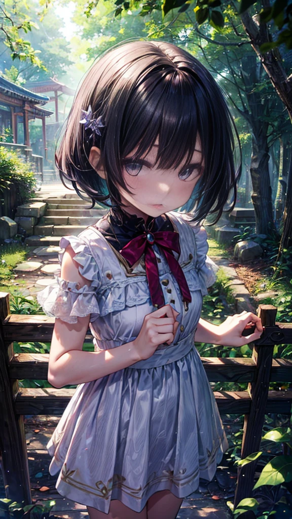 Deep woods、temple、Emerald Hair、My bangs get in my eyes、Shortcuts、White dress、14age、Girl