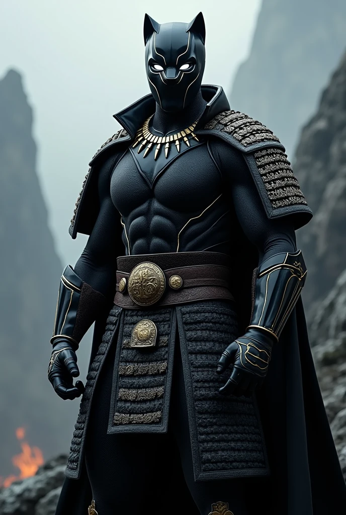 Superhero Black panther in samurai armor, white eyes