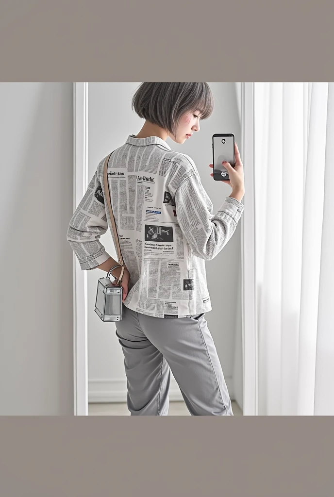 highly detailed, beautiful, hyper Realistic girl, masterpiece, best quality, Japanese sexy gravure woman, 28 years old, identity hidden, takes a selfie in her room using a smartphone in front of a mirror with one hand, fashion model Posing, looking away from the camera, /// gray short hair, light color eyes, Realistic skin, Detailed face, /// Design a futuristic fall fashion ensemble centered on white, keeping in line with minimalist aesthetics. (wearing a All News Paper Print Big nylon Shirt, Monotone color). Complete the look with black ankle boots that have a metallic finish and a translucent, geometric silver bag. The overall vibe should exude a sleek, forward-thinking style that seamlessly blends modern minimalism with a touch of the future, /// Monotone simple modern taste single room, mirror, complicated background,