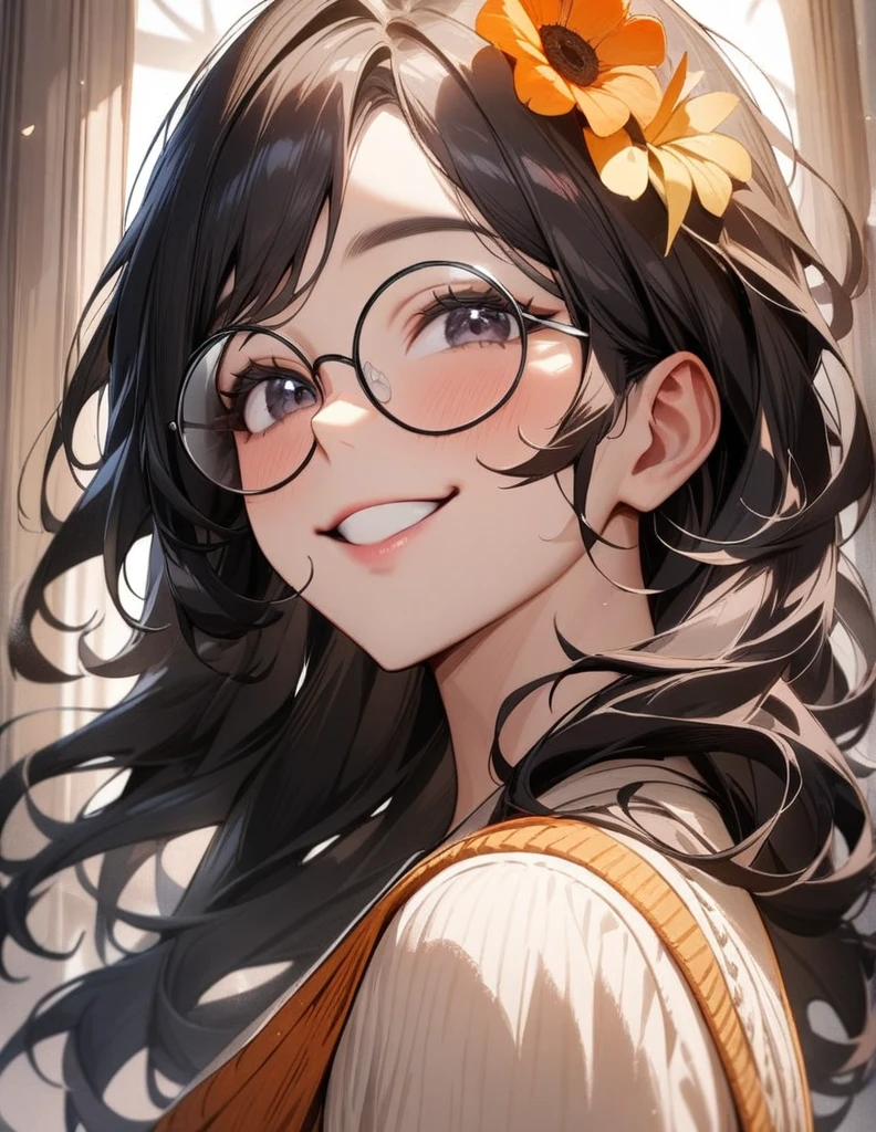 1girl, sunny, happy, long wavy black hair, mature female, round glasses, (insanely detailed, beautiful detailed face, masterpiece, best quality), black eyes