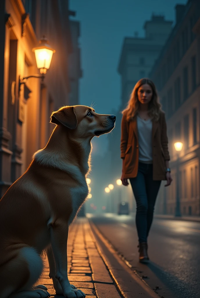 A dogs talking and seeing the woman in street at night