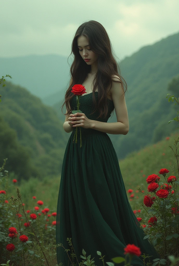 Sad woman brunette red rose poetic landscape 