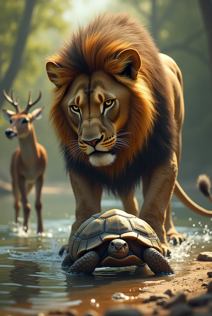 "The tortoise is slowly walking towards the lion, who has just arrived at the lake's edge. The lion is focused on the tortoise, looking confused and slightly frustrated as it tries to figure out how to catch this slow-moving creature. The deer is seen in the background, quietly slipping into the water, escaping unnoticed. The scene is filled with suspense, as the lion's attention is diverted by the clever tortoise."
Each prompt is designed to capture the key moments and emotions of the story, from the peaceful beginning to the tense chase, and finally, the clever escape, illustrating the moral of friendship and wisdom.
