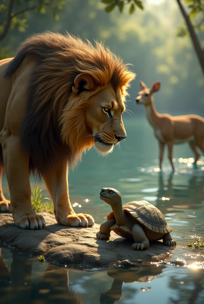 "The tortoise is slowly walking towards the lion, who has just arrived at the lake's edge. The lion is focused on the tortoise, looking confused and slightly frustrated as it tries to figure out how to catch this slow-moving creature. The deer is seen in the background, quietly slipping into the water, escaping unnoticed. The scene is filled with suspense, as the lion's attention is diverted by the clever tortoise."
Each prompt is designed to capture the key moments and emotions of the story, from the peaceful beginning to the tense chase, and finally, the clever escape, illustrating the moral of friendship and wisdom.