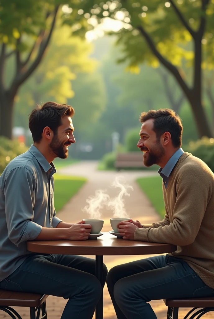two mens talking at the park , side to side, sitting down, with coffee