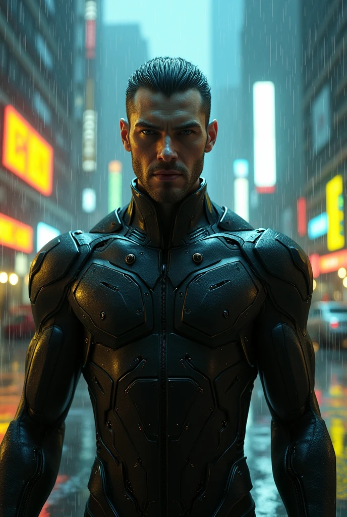Create C.L.U. From Tron legacy in a rainy yellow neon cyberpunk background make them a white male make him more like C.L.U. From Tron legacy more like tron