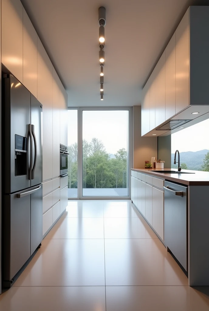 Linear kitchen with refrigerator on the left side at the beginning next to the kitchen, the dishwasher in front of the kitchen on the right side next to it goes a bar or breakfast bar at the end on the right side the laundry room window in the background