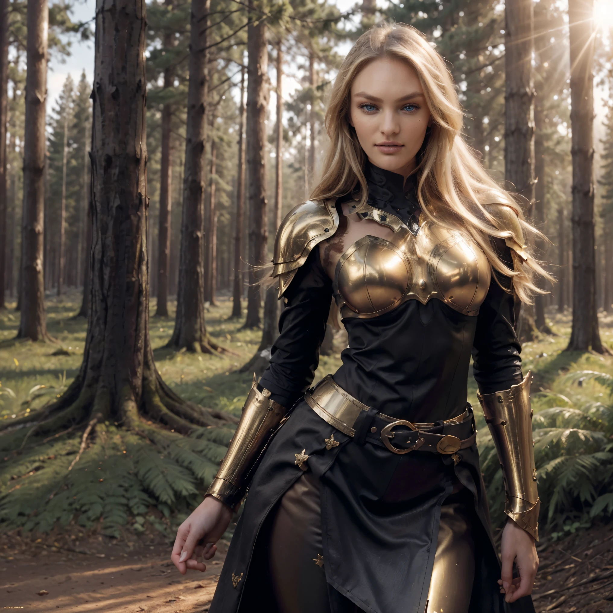 (Best Quality), (ultra-detailliert), (master piece), (hight resolution), 16K resolution, 1 girl, 18 years young, medieval setting, female knight, Candice Swanepoel, light blue eyes, long blond hair, detailed face, smirks, sassy smile, seductive, lustful facial expression, slim body, toned body, knik hips, slim waist, (golden armor, golden warrior armor, black leather skirt, slim golden armguards, skintight armor), wearing golden necklace, wears wide golden hip belt with golden buckle, hip belt is adjusted too tightly, hip belt cuts into waist,  (enchanted forest, giant trees, canadian forest, in the middle of the forest, misty mounatins in background,  detailed forest in background, sunrise, sunshine), looks at camera, close up portrait, close up shot