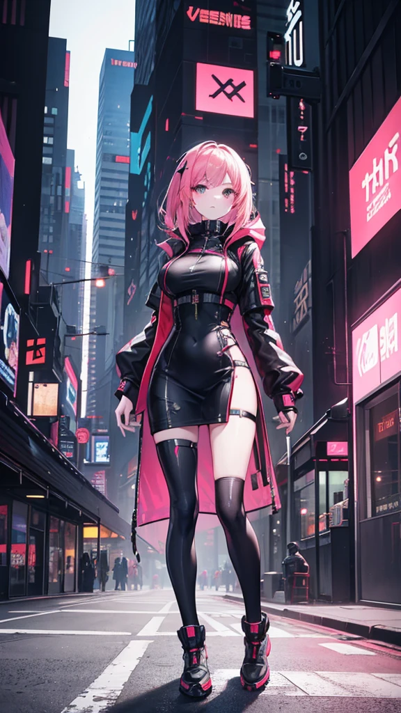 a pretty girl, walking through the city, cyberpunk style, futurist. Very sensual dress.