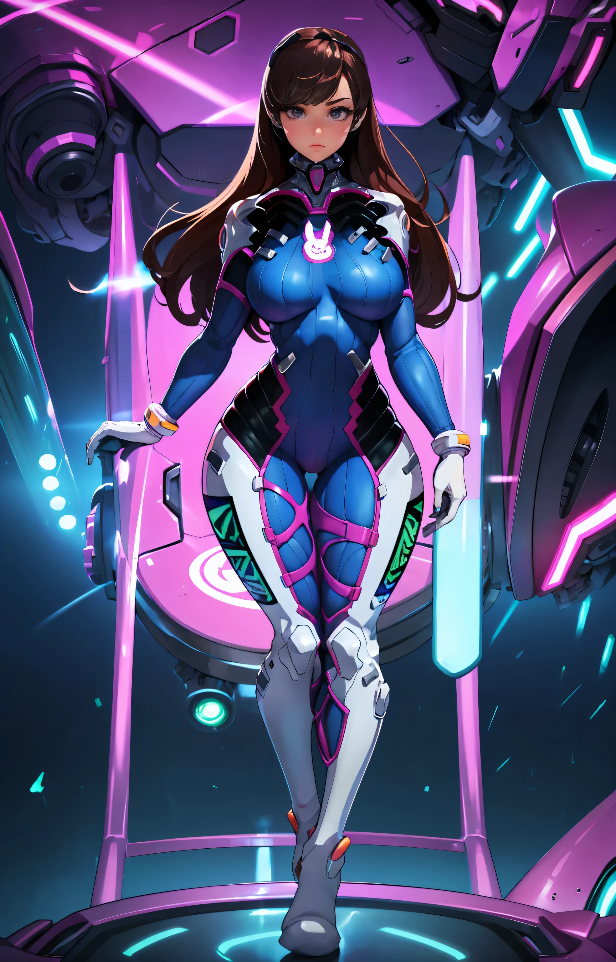 D.she is beautiful, sensual and sexy with her beautiful suit, with large breasts and wide hips, looking forward about to go out of the screen so close that you can perceive a futuristic city with many neon lights in the background. (((Let your full body be seen standing)))