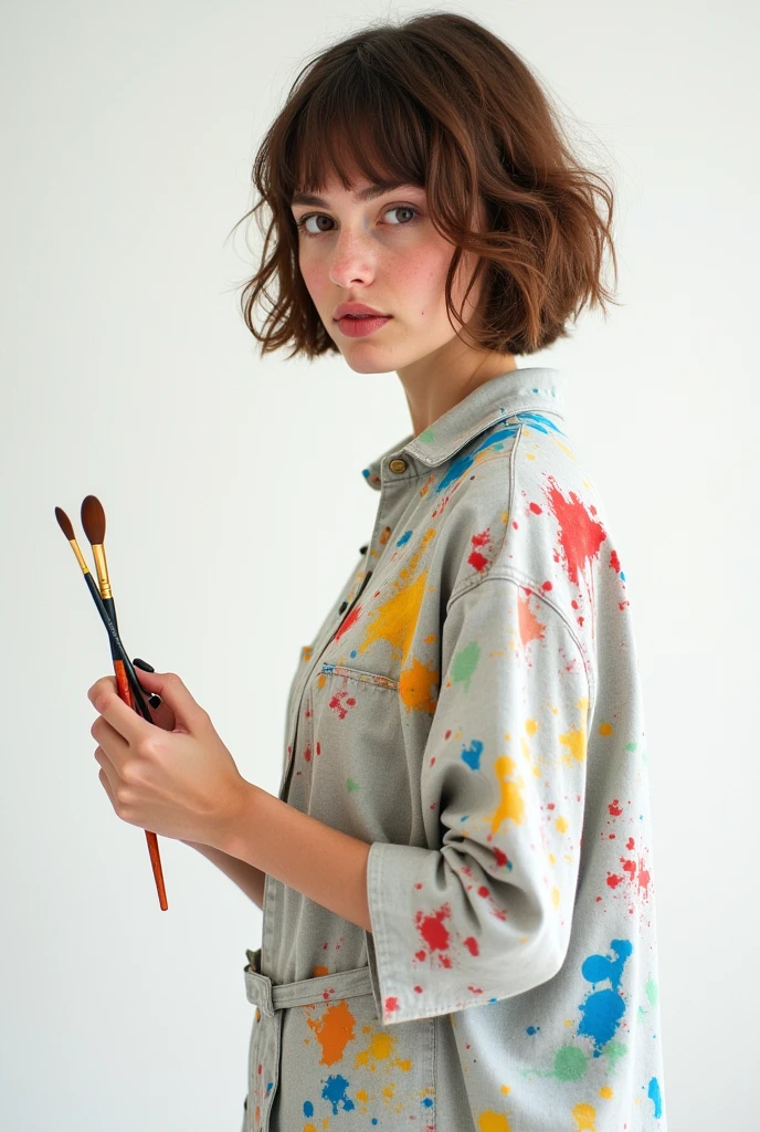 
A 22-year-old girl with brown hair and short hair, holds a brush in his hand. 
Wear a smock full of paint splatters, It&#39;s a casual photo, realist, WITH WHITE BACKGROUND