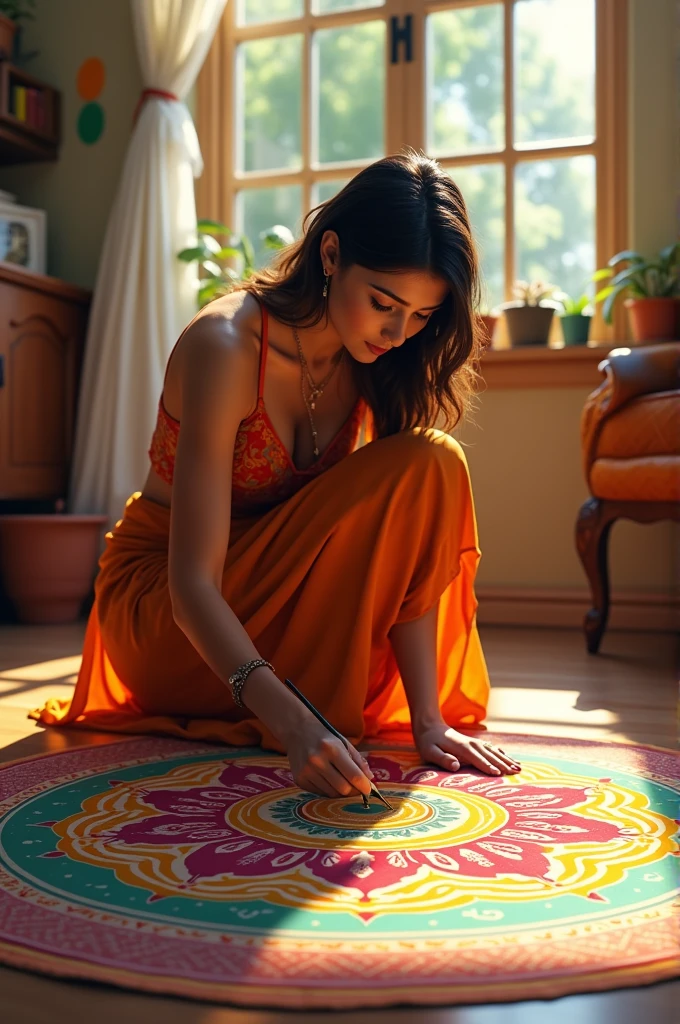 A woman paint a indian flan in floor