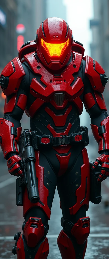 A full body front view of the male warrior with a large well-built powerful body type, dressed in striking and imposing red and black armor adorned with LED head-mounted spotlight that casts a bright yellow beam of light. The piercing red and orange human eyes behind the red transparent glass face shield built into the helmet stand out against the cyberpunk cyber city backdrop, radiating intensity. his right hand firmly grips a gun, while the background creates a dramatic contrast to his bold attire.