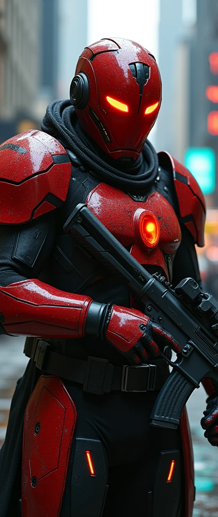A full body front view of the male warrior with a large well-built powerful body type, dressed in striking and imposing red and black armor adorned with LED head-mounted spotlight that casts a bright yellow beam of light. The piercing red and orange human eyes behind the red transparent glass face shield built into the helmet stand out against the cyberpunk cyber city backdrop, radiating intensity. his right hand firmly grips a gun, while the background creates a dramatic contrast to his bold attire.