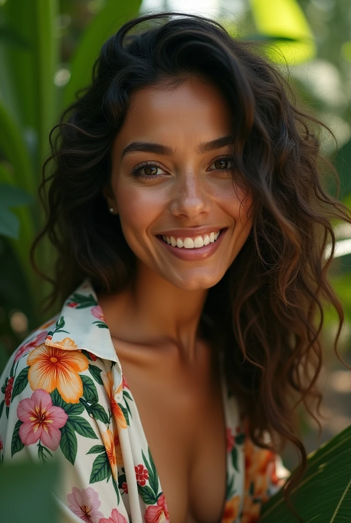 A Brazilian woman in a lush tropical garden, wearing an open shirt with a floral print, with a close-up capturing the harmonious beauty between her breasts and the natural flowers, showing off your natural charm and outgoing personality.