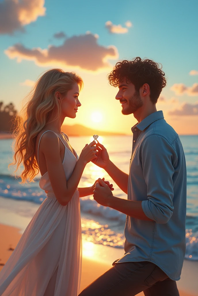 Realistic image of a blonde woman with blue eyes and her boyfriend, a man with curly brown hair, proposing to her on the beach with a ring embedded in it
