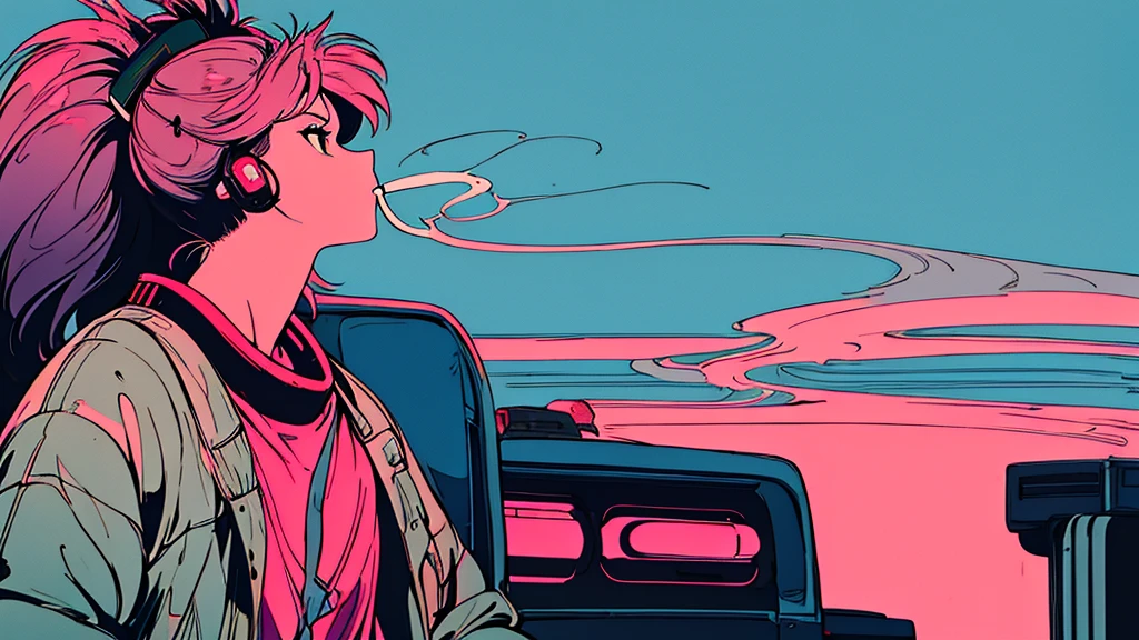 shoulder-length pink hair, ponytail , Wear headphones, Futuristic yet lo-fi, Retro, masterpiece, (( Side Shot)),Outside the spacecraft, You can see the Earth, (( look up )), ((Smoke a cigarette)),Cigarette smoke, Chillout, relax ,high quality, High resolution, Black Hair, chest, 