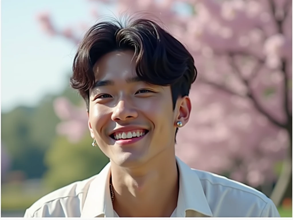{high resolution}, {{male1名}}, {{Highest quality}}, , (8k, Highest quality, masterpiece:1.2, Very detailed), (Realistic, photoRealistic) , male, Ulzzang is cool, Handsome, Ulzzang, Korean, Facing forward, Center Part, Earrings, smile, Beautiful duo, Korean Star, White shirt, Smiling with a park in the background, Hall々It is said that, manly