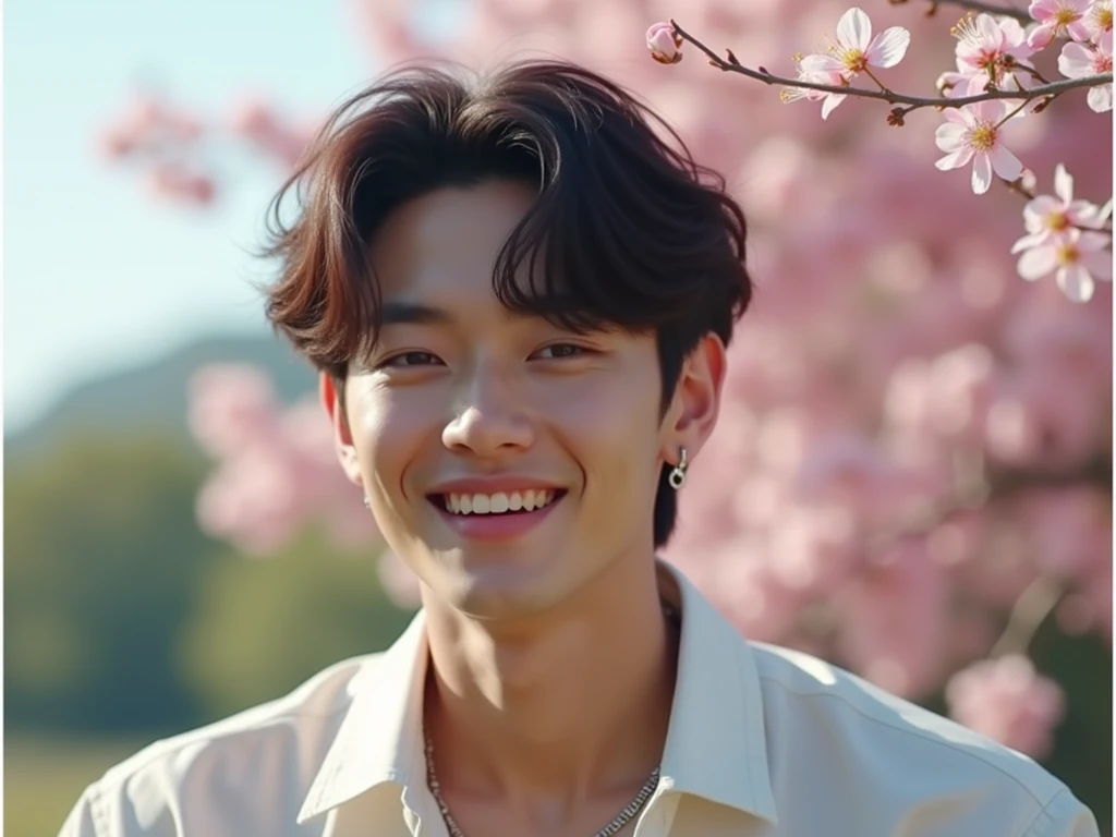 {high resolution}, {{male1名}}, {{Highest quality}}, , (8k, Highest quality, masterpiece:1.2, Very detailed), (Realistic, photoRealistic) , male, Ulzzang is cool, Handsome, Ulzzang, Korean, Facing forward, Center Part, Earrings, smile, Beautiful duo, Korean Star, White shirt, Smiling with a park in the background, Hall々It is said that, manly