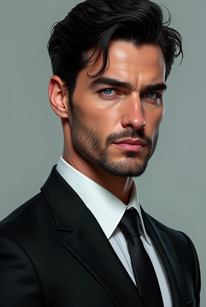 You can create an image of a jet-black-haired man's face, light blue eyes, with a few days' worth of incipient beard in a black suit
