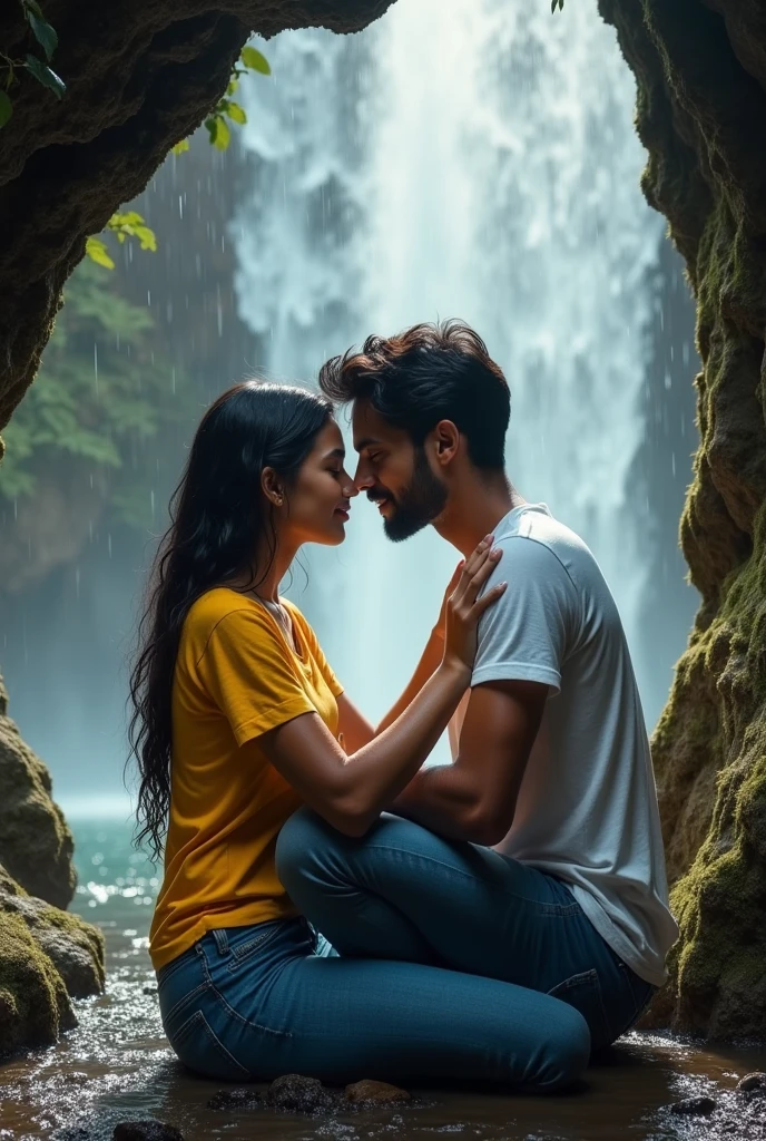 INDIAN 20 year old girl wears yellow tshirt and jeans, seating with 35 year old handsome indian man who wears white tshirt. Both are seating in a cave, behind the waterfall, and hugged each other.  Both are wet and their tshirts are wet.