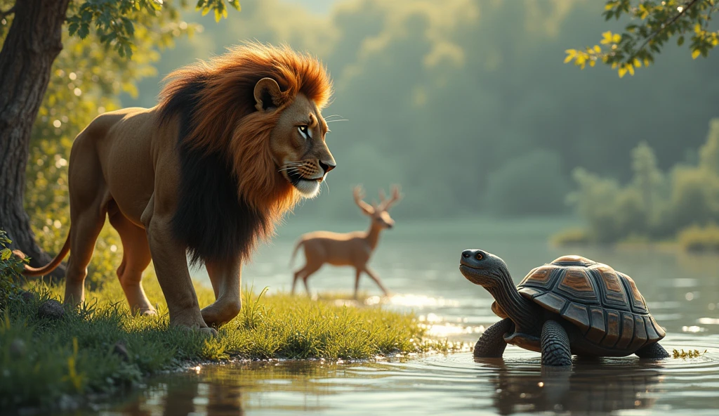 "The tortoise is slowly walking towards the lion, who has just arrived at the lake's edge. The lion is focused on the tortoise, looking confused and slightly frustrated as it tries to figure out how to catch this slow-moving creature. The deer is seen in the background, quietly slipping into the water, escaping unnoticed. The scene is filled with suspense, as the lion's attention is diverted by the clever tortoise."
Each prompt is designed to capture the key moments and emotions of the story, from the peaceful beginning to the tense chase, and finally, the clever escape, illustrating the moral of friendship and wisdom.
