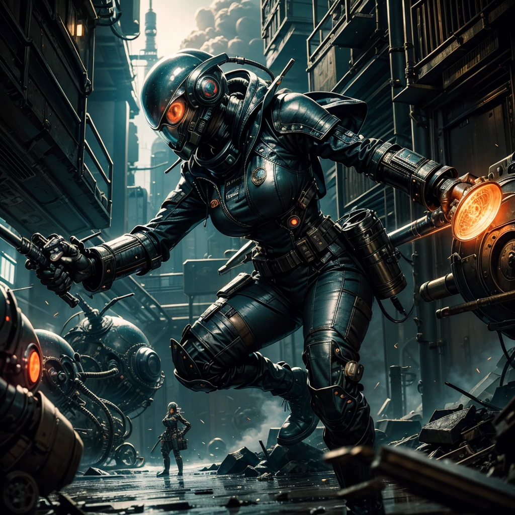A woman with round glasses, sporting a futuristic steampunk military uniform, standing confidently facing an intimidating alien adversary in the midst of a battle-ready stance. The alien, with slimy tentacles and glowing eyes, looms menacingly in the background, as the woman's determined expression conveys her unwavering courage in the face of extraterrestrial threat. The setting is a gritty, industrial backdrop with flickering neon lights and billowing steam, adding to the tension of this intergalactic showdown.