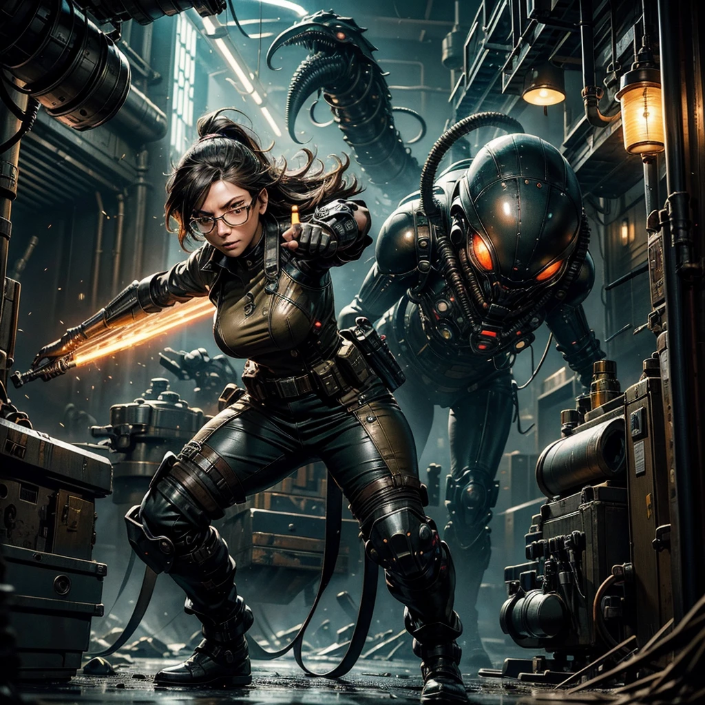 A woman with round glasses, sporting a futuristic steampunk military uniform, standing confidently facing an intimidating alien adversary in the midst of a battle-ready stance. The alien, with slimy tentacles and glowing eyes, looms menacingly in the background, as the woman's determined expression conveys her unwavering courage in the face of extraterrestrial threat. The setting is a gritty, industrial backdrop with flickering neon lights and billowing steam, adding to the tension of this intergalactic showdown.
