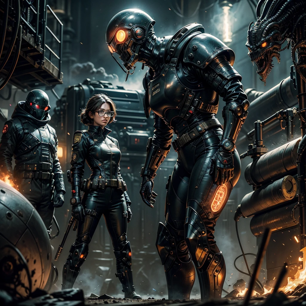 A woman with round glasses, sporting a futuristic steampunk military uniform, standing confidently facing an intimidating alien adversary in the midst of a battle-ready stance. The alien, with slimy tentacles and glowing eyes, looms menacingly in the background, as the woman's determined expression conveys her unwavering courage in the face of extraterrestrial threat. The setting is a gritty, industrial backdrop with flickering neon lights and billowing steam, adding to the tension of this intergalactic showdown.