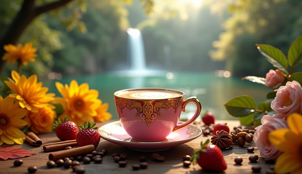 ultra realistic, masterpice, raw photo, 8k, super detailed, photography. Against a lush tropical rainforest backdrop, featuring a lake and majestic waterfall, a small pink cup coffee of latte adorned with intricate Art Nouveau designs sits atop a bed of autumn leaves and yellow flowers. The cup's texture gleams in the sparkling light, as coffee beans, cinnamon sticks, star anise pods, and strawberries scattered  surround it. Delicate motifs the cup's body, accented by gold, exuding elegance. The sleepy morning light bathes the scene in a soft, golden glow. The overall atmosphere is one of relaxation and tranquility. The vibrant colors of the scene pop against the misty rainforest atmosphere. Dynamic angle, gorgeous colors, original style, stylized 250, 45 degree angle , creative cinematic composition.