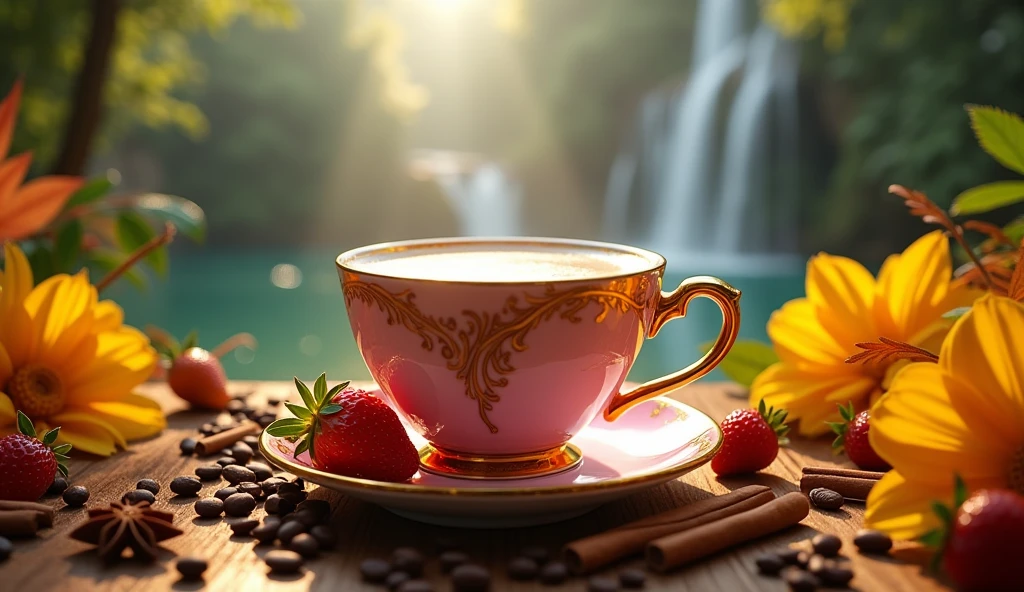 ultra realistic, masterpice, raw photo, 8k, super detailed, photography. Against a lush tropical rainforest backdrop, featuring a lake and majestic waterfall, a small pink cup coffee of latte adorned with intricate Art Nouveau designs sits atop a bed of autumn leaves and yellow flowers. The cup's texture gleams in the sparkling light, as coffee beans, cinnamon sticks, star anise pods, and strawberries scattered surround it. Delicate motifs the cup's body, accented by gold, exuding elegance. The sleepy morning light bathes the scene in a soft, golden glow. The overall atmosphere is one of relaxation and tranquility. The vibrant colors of the scene pop against the misty rainforest atmosphere. Dynamic angle, gorgeous colors, original style, stylized 250, 45 degree angle , creative cinematic composition.