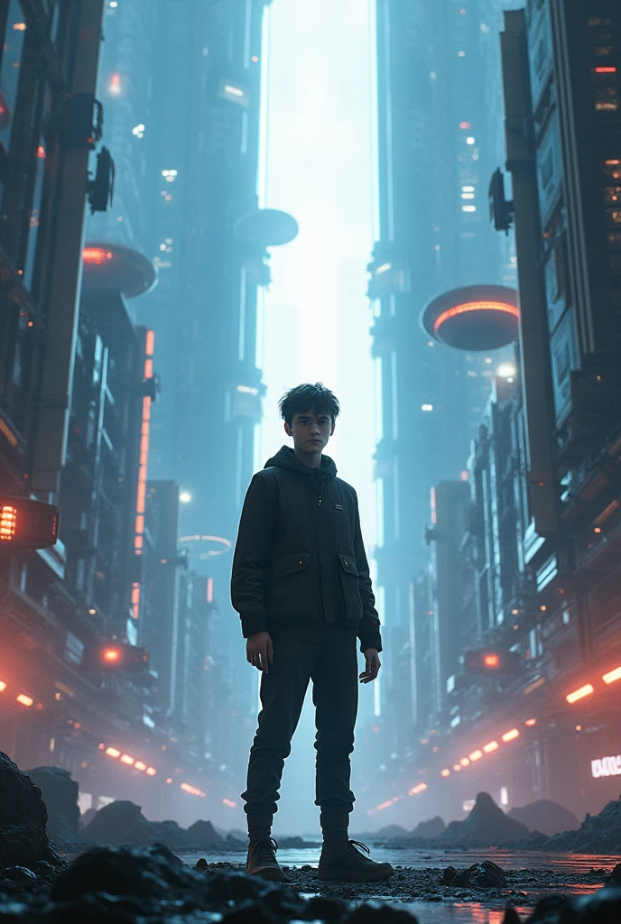 an 18 year old boy, behind him a futuristic city, and in the center a building that emits a blinding light 