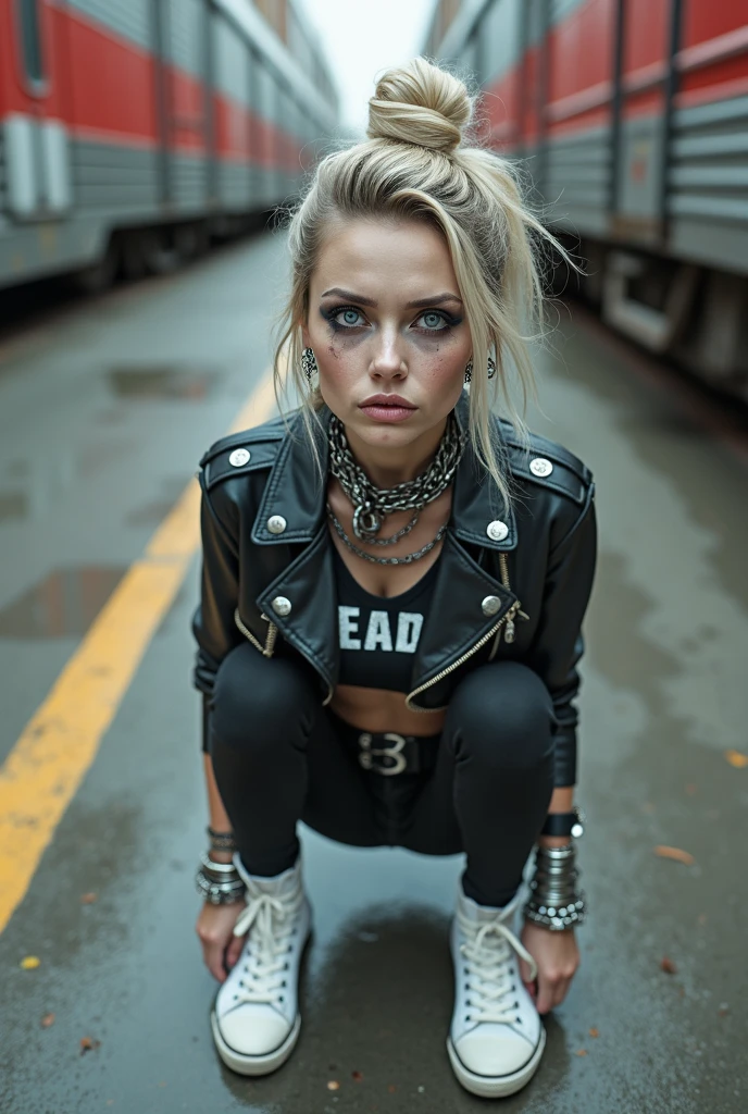 russian milf, platinum blonde hair in top bun ,with very light blue eyes, pale, heavy eye shadows. Sad face, big eyes, smeared make up. Wearing black moto jacket, cropped metal band t-shirt, black skinny jeans and white tennis sneakers. Lots of metallic braceles and collars. Tattoed. Tacky leather belt with oversized buckle. Wide loop earrings. Scared face. Sitting on the ground. Seen from behind