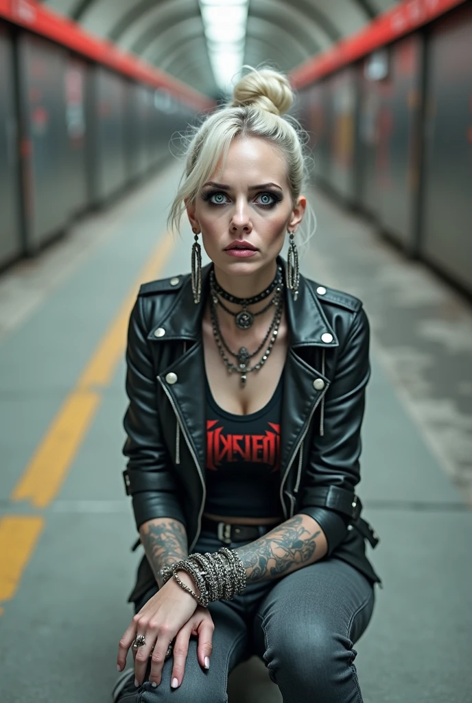 russian milf, platinum blonde hair in top bun ,with very light blue eyes, pale, heavy eye shadows. Sad face, big eyes, smeared make up. Wearing black moto jacket, cropped metal band t-shirt, black skinny jeans and white tennis sneakers. Lots of metallic braceles and collars. Tattoed. Tacky leather belt with oversized buckle. Wide loop earrings. Scared face. Sitting on the ground. Seen from behind
