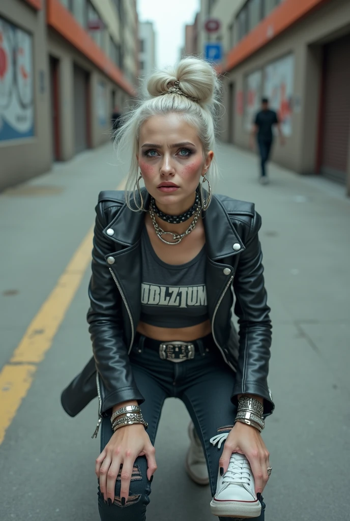 American old milf woman, blonde platinum hair (beehive bun) and oversized square sunglasses as headband), with very light green eyes, extremely pale. Square jaw. .Wearing studded, padded shoulders, cropped black moto jacket (zippers on the side) full of pins. Cropped dark burgundy push up t-shirt with skull and wings logo and gothic lettering,, dark skinny low rise blue jeans with holes on knees .White tennis sneakers. Lots of thick wide studded bracelets, chain collars and big rings. Tacky wide studded leather belt with big eagle oval buckle. Long earrings with chains. Kneeling on a ragged large usa flag, looking at the photographer. Hands on knees. Looking at the camera, Toned abdominals, thin neck, slim legs and thin arms. Narrow hips. Heavily tattooed on chest, hands, neck and arms. Crowded street of Angola