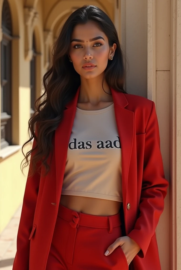 "Create an image of an Indian girl who is considered the most beautiful in the world. Her eyes should be similar to those of Shraddha Kapoor—captivating and expressive. Her skin should be as radiant as Mahendra Singh Dhoni's—clear and glowing. She should be wearing a light-colored t-shirt with 'Das AAD' written on it, and a stylish red coat over it. The girl should also wear hot pants that are elegant and enhance her beauty. The image should cover her from head to toe, showing her complete beauty and style. She should be depicted as a devoted disciple of Sant Rampal Ji Maharaj, with an aura of honesty and Indian grace."