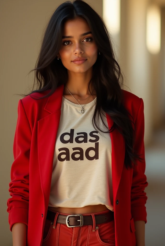 "Create an image of an Indian girl who is considered the most beautiful in the world. Her eyes should be similar to those of Shraddha Kapoor—captivating and expressive. Her skin should be as radiant as Mahendra Singh Dhoni's—clear and glowing. She should be wearing a light-colored t-shirt with 'Das AAD' written on it, and a stylish red coat over it. The girl should also wear hot pants that are elegant and enhance her beauty. The image should cover her from head to toe, showing her complete beauty and style. She should be depicted as a devoted disciple of Sant Rampal Ji Maharaj, with an aura of honesty and Indian grace."
