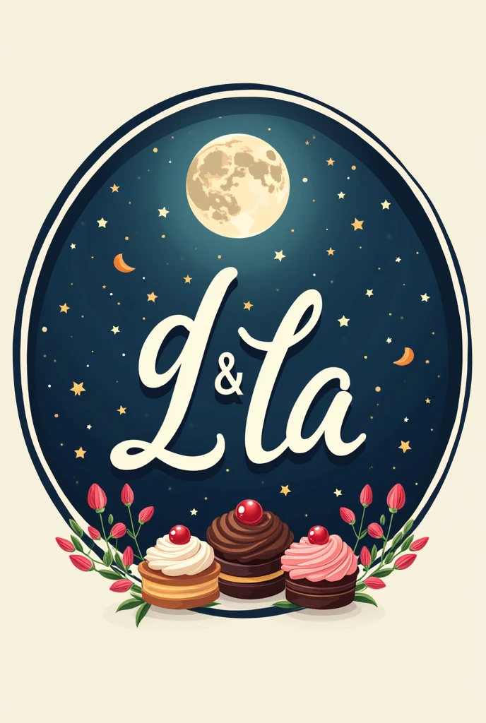 Create a logo with the initials "D & L" in italics, In the form of a circle put the name "Daiana&#39;s Luna Bakery"
And in the background a designed drawing Combines the moon with stars that seem to be small sweets or candies, integrating pastry into the starry background of the moon.