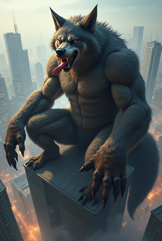 Pitbull female. Ape hybrid. Huge tits. bare feet. Huge feet. tongue out. Grey hairy body. Ruined City. Standing.