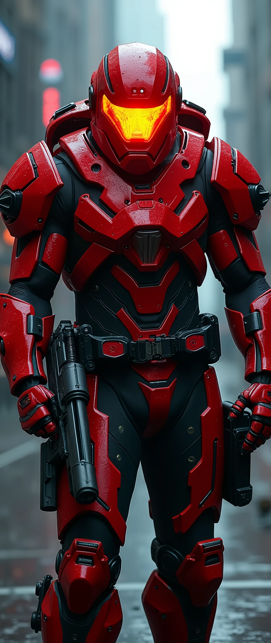 A full body front view of the male warrior with a large well-built powerful body type, dressed in striking and imposing red and black armor adorned with LED head-mounted spotlight that casts a bright yellow beam of light. The piercing red and orange human eyes behind the red transparent glass face shield built into the helmet stand out against the cyberpunk cyber city backdrop, radiating intensity. his right hand firmly grips a gun, while the background creates a dramatic contrast to his bold attire.