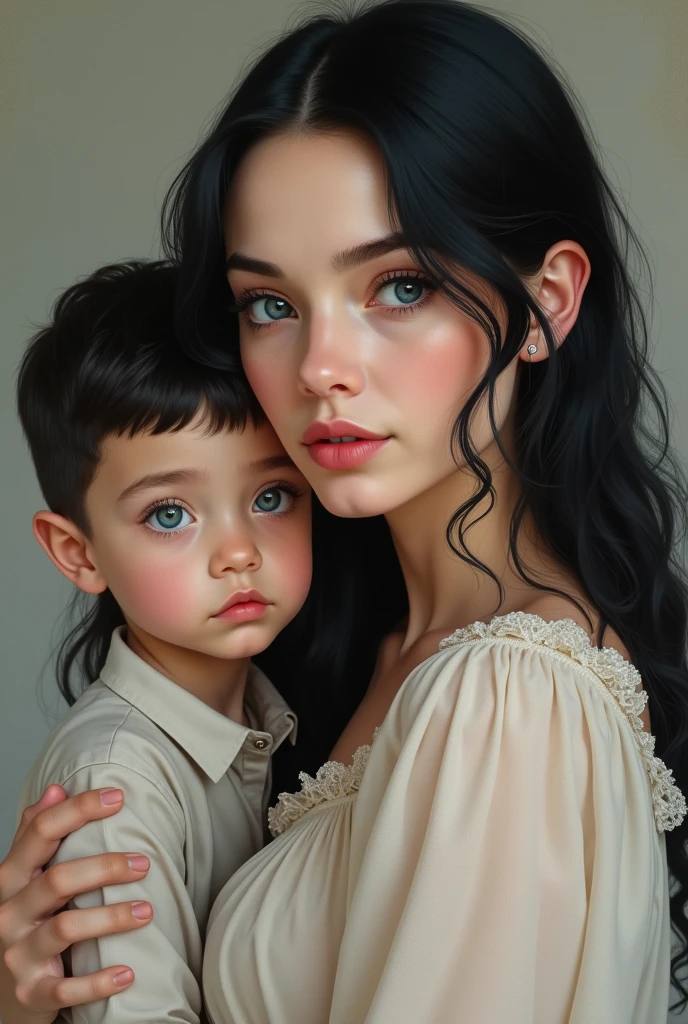 Make a beautiful white woman with black hair and blue eyes with her 15 year old white son with black hair and blue eyes