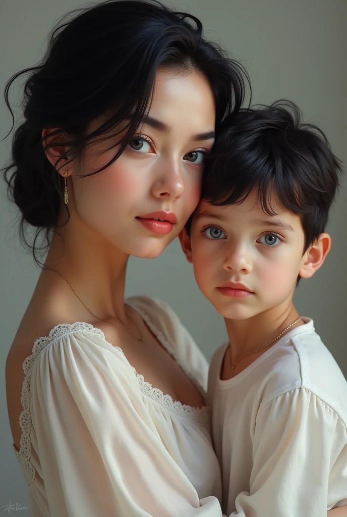 Make a beautiful white woman with black hair and blue eyes with her  white son with black hair and blue eyes
