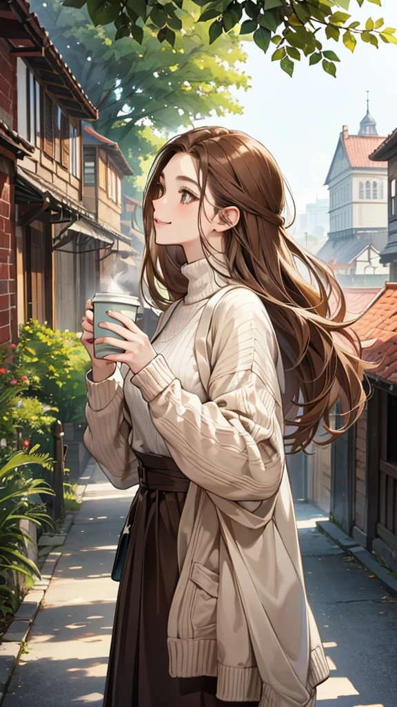 Watercolor, Line art, Monotony, Profile of a woman with a clear face through brown hair, holding a coffee cup in one hand, Look up, Stranger, smile, Brown loose half-up hairstyle and oversized knit sweater, From the chest up, Portrait, SLR, stroll, Fresh greenery, building, mean, 8ｋ