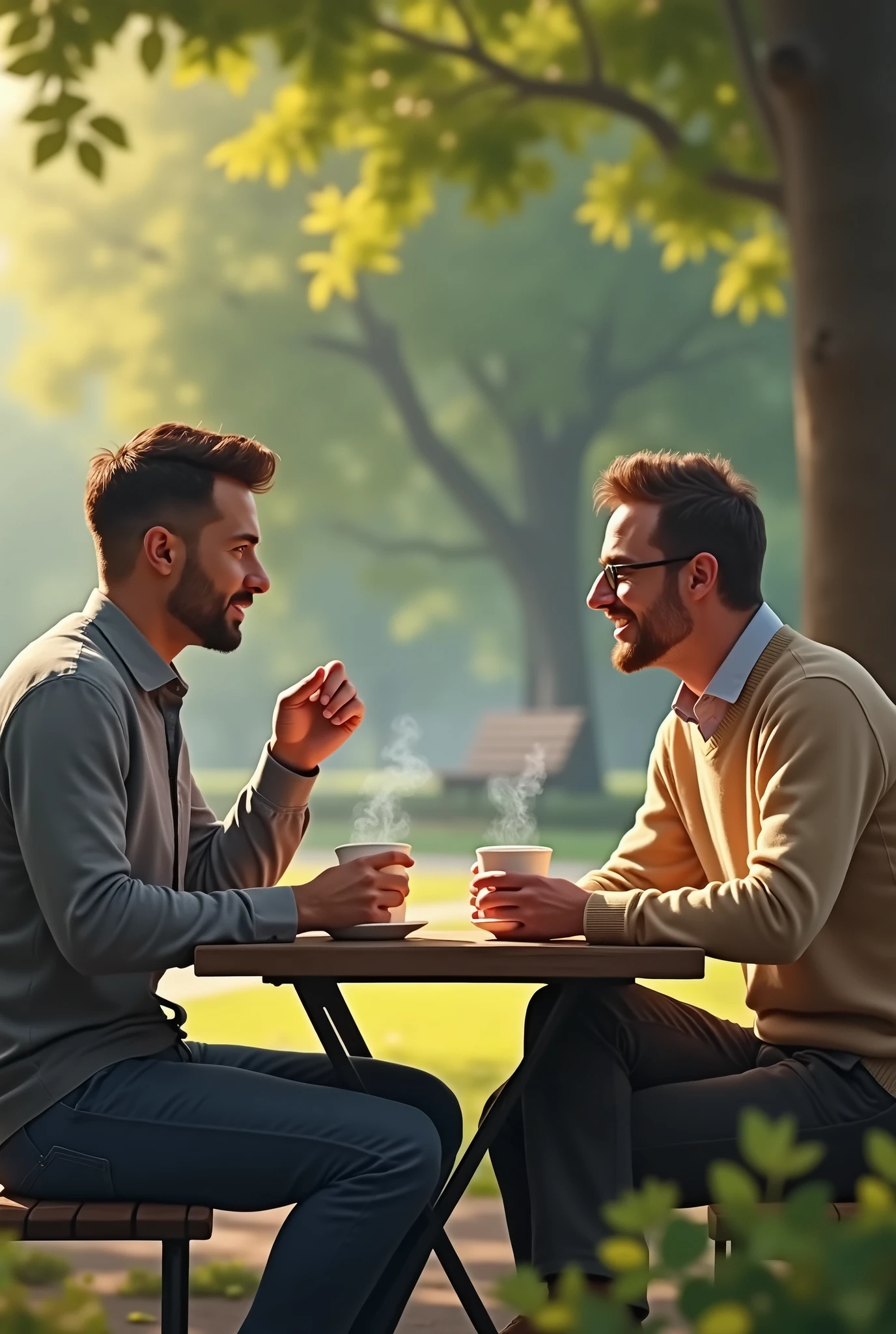 two mens talking at the park , side to side, sitting down, with coffee