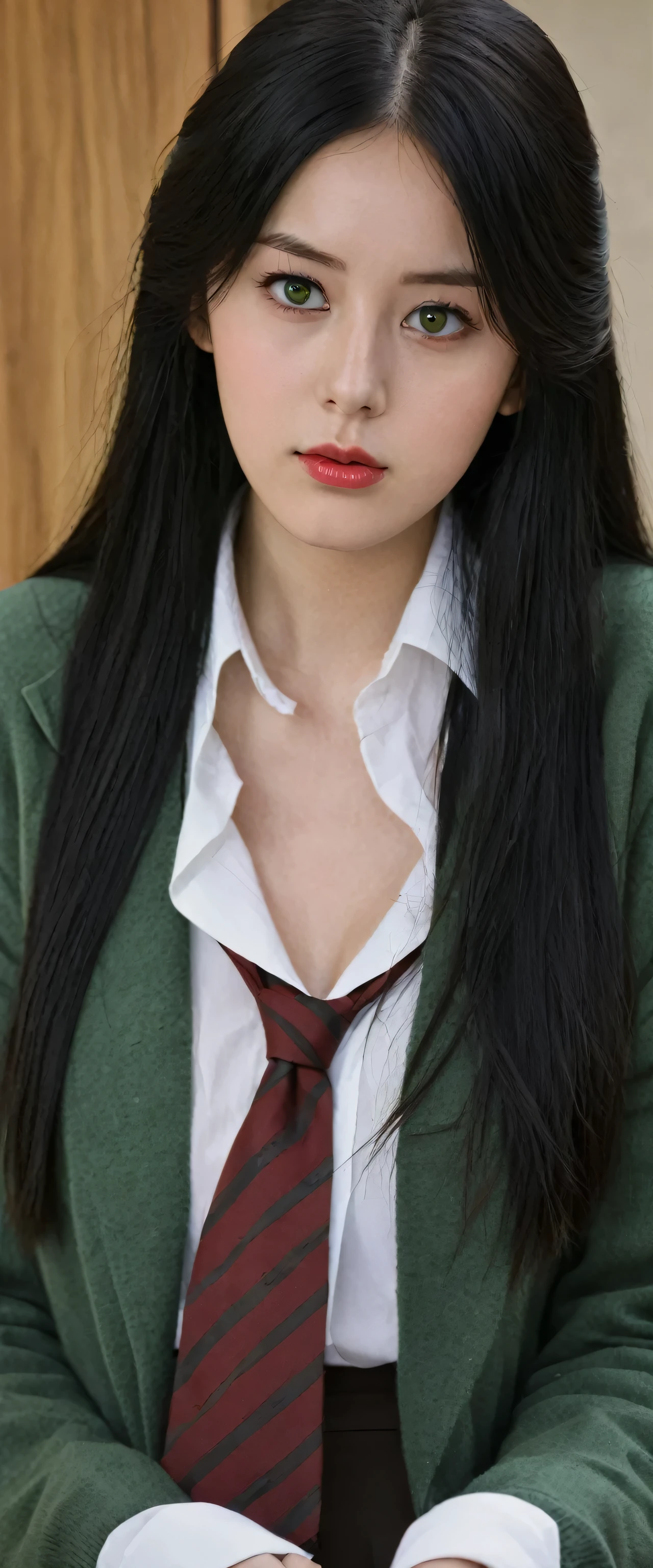 A cute girl attractive big breast beautiful beautiful long black hair loose her black eye soft cheek wears a white button down shirt underneath long sleeve green sweater red tie collar and a light black skirt watery white socks brown shoe 