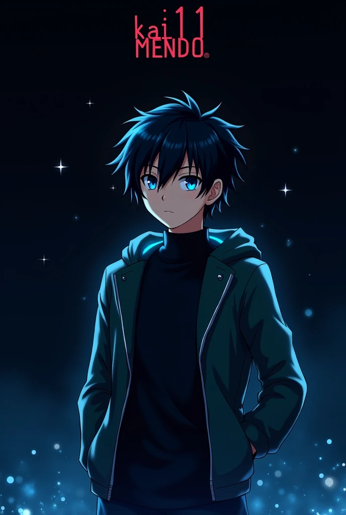 An anime character called kai with blue eyes and black hair standing, now make a logo with him standing and Kai11Mendo as the slogan in a balck background with little blue sparks in behind
