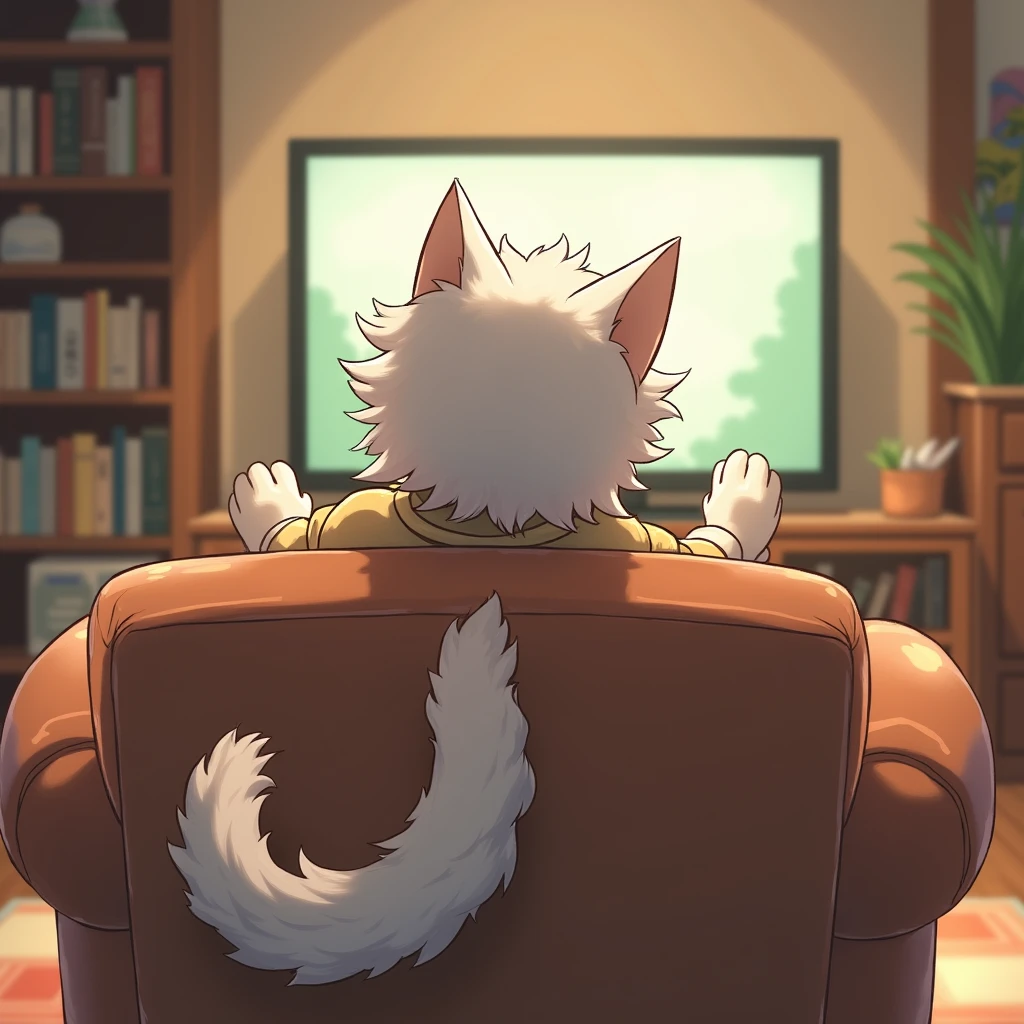 Back，男孩子的Back，长猫耳朵和猫尾巴的男孩子的Back，White short hair，White fur cat tail waving，在看电视的男孩的Back，Home Clothing，Home environment，Warmth